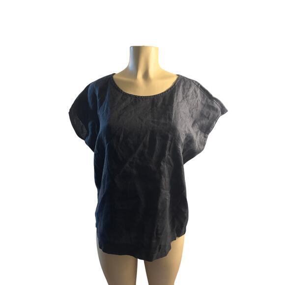 Women L Quince Black Short Sleeved Blouse Shirt Top 100% Linen Flax - Picture 2 of 7